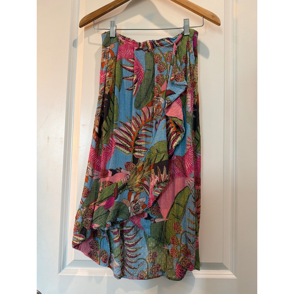 Rachel Rachel Roy Tropical Bird Floral Ruffle Faux Wrap Midi Skirt Blue Small